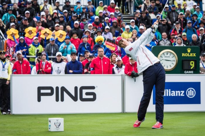 Michelle Wie drives off the first tee 2015 Solheim Cup WomensGolf.com