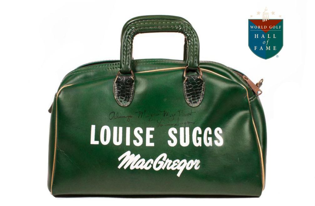 MacGregor shag bag given as a gift from Louise Suggs to Meg Mallon. On it Suggs wrote: “Always Meg – My Best. Louise Suggs.” Bag currently on loan to the World Golf Hall of Fame & Museum courtesy of Meg Mallon.