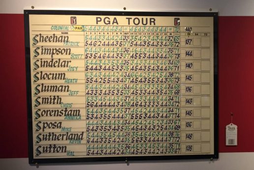 The newest exhibit at the World Golf Hall of Fame, entitled Tales from the Collection, includes the handwritten scoreboard from the 2003 Bank of America Colonial featuring Annika Sorenstam’s scores, as well as her scorecard and a ball used during the first round.