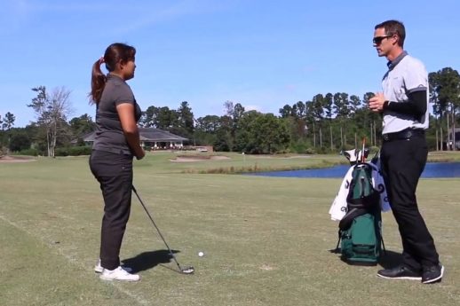 Daniel Jackson and student, Sae Saito demonstrating good course management in a WomensGolf.com video lesson.